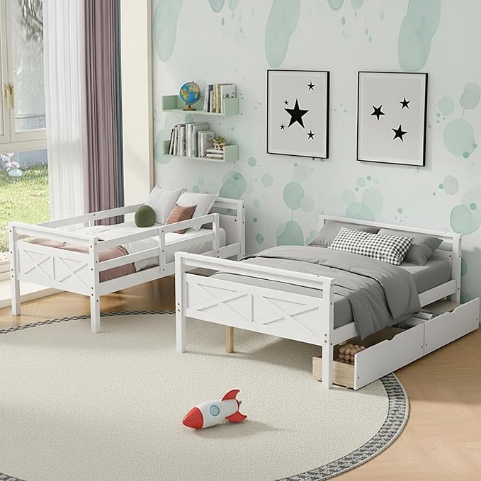 Twin Over Full Bunk Bed with Drawers, Convertible to 2 Separate Beds, Twin Bed Frame with Storage, Ladder and Safety Guardrails, No Box Spring Needed, Perfect for Kids Teens Adults Bedroom, White