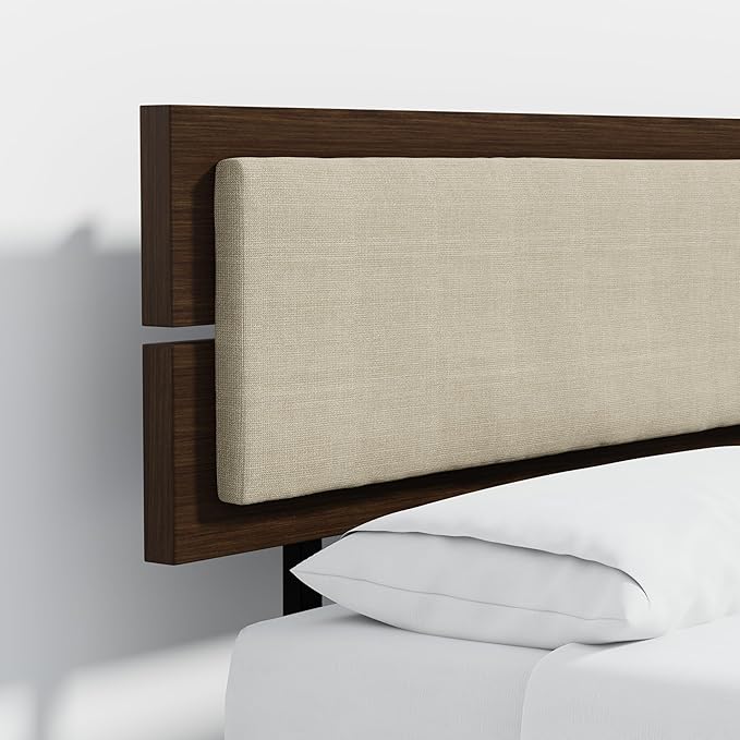 Modern Solid Wood Platform Bed with Adjustable Headboard with Cushion – No Box Spring Needed,Fast Assembly – Queen Size in Walnut