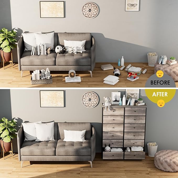 Arlopu 12-Drawer Dresser, 35.2’‘ Widened 6-Layer Fabric Storage Tower w/Textured Print Fabric Bins, Tall Chest Organizer Unit for Living Room, Hallway, Nursery, Closets, Adjustable Feetpad