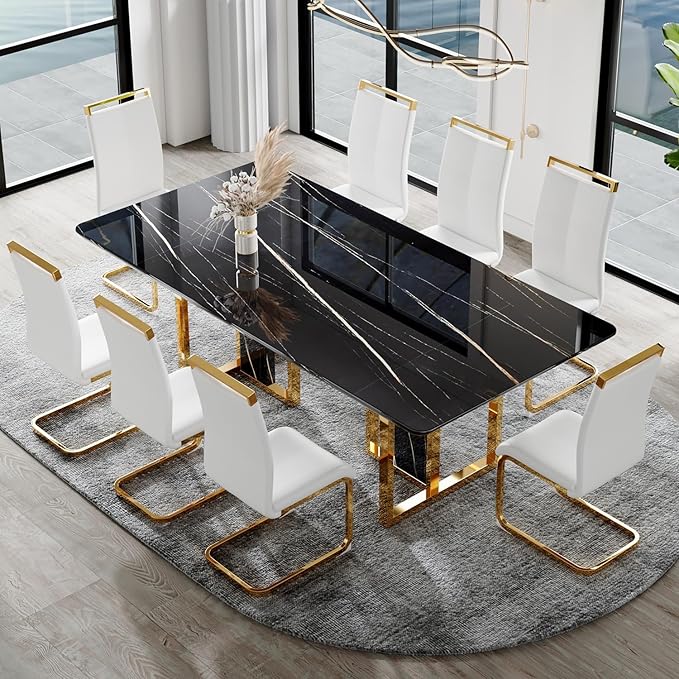 JUFU Dining Table Set for 8, 79'' Kitchen Table Chairs Set with Glossy Faux Mareble Table Top, Black Rectangle Dining Room Table Set for 8, 9 Piece Kitchen Table and Chairs Set for Kitcken Dining Room