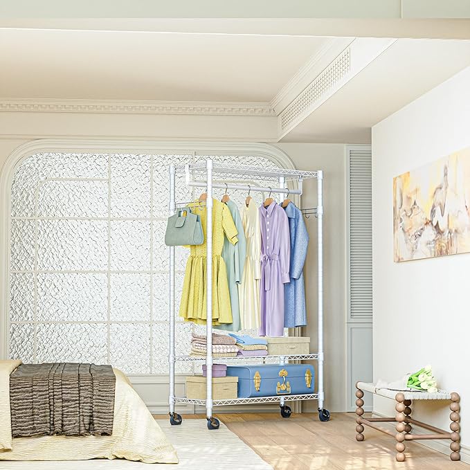 IZEUK Heavy Duty Rolling Garment Rack with 3 Adjustable Wire Shelves, Hanging Rod & Side Hooks - Mobile Clothes Rack with Wheels, 29.5" W x 15.7" D x 75" H, White
