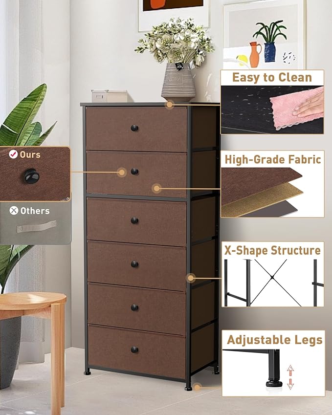 Tall Fabric Dresser for Bedroom, Vertical Storage Organizer Tower with 6 Drawers, Chest of Drawers with Bins, Steel Frame, Wood Top for Bedroom, Closet, Entryway Brown