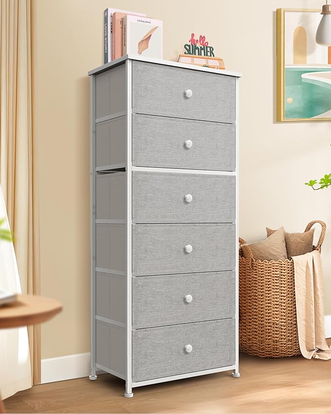 Tall Fabric Dresser for Bedroom, Vertical Storage Organizer Tower with 6 Drawers, Chest of Drawers with Bins, Steel Frame, Wood Top for Bedroom, Closet, Entryway Light Grey