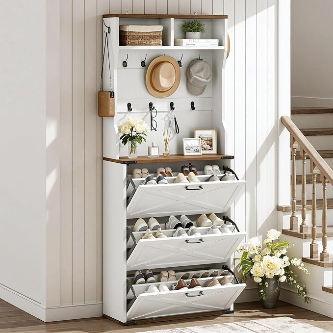 Farmhouse Tall Shoe Cabinet with Coat Rack, Narrow Hidden Shoe Storage Cabinet with 3 Flip Drawers, 2 in 1 Hall Tree with Hooks, Narrow Shoe Organizer for Entryway, Hallway, White and Walnut