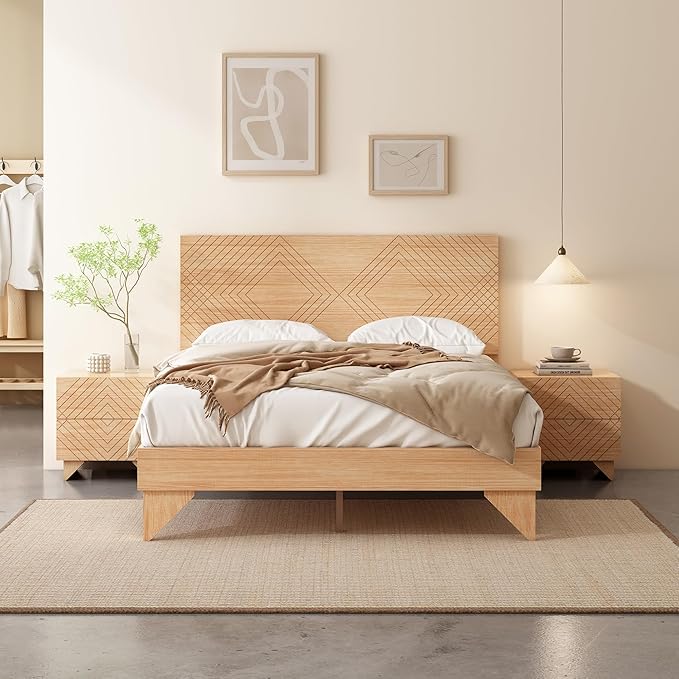MUSEHOMEINC Solid Wood Platform Bed Frame, Queen Size Bed Frame with Line Diamond Pattern Headboard, No Box Spring Needed, Modern Minimalist Wooden Bedframe, Easy Assembly (Queen)