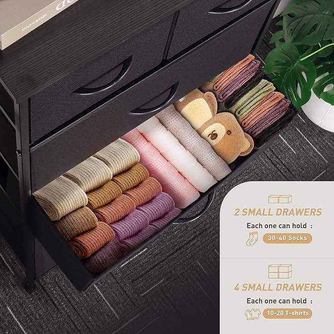 Tall Dresser for Bedroom, Vertical Storage Organizer Tower with 6 Drawers, Chest of Drawers with Fabric Bins, Steel Frame, Wood Top for Bedroom, Closet, Entryway- Black