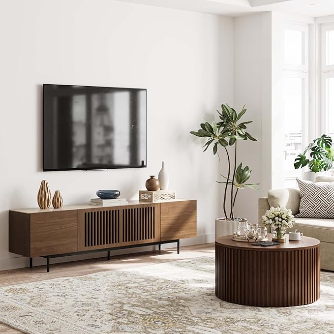 POVISON Mid Century Modern Sintered Stone TV Stand, Slatted Media Console TV Cabinet with Tall-cast Metal Legs, Fluted Entertainment Center with Storage, Fully-Assembled (Walnut, 78.74")
