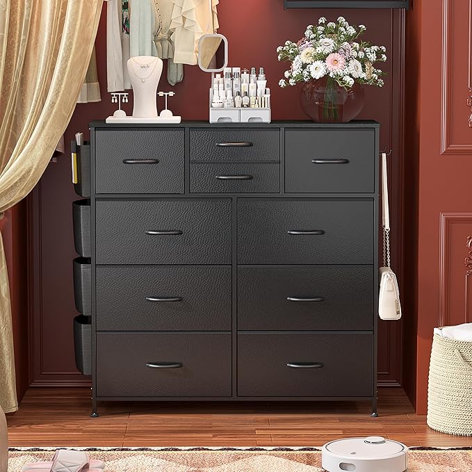Lulive Dresser for Bedroom with 10 Drawers, Chest of Drawers with Side Pockets and Hooks, PU Storage Dresser, Organizer Unit for Living Room, Hallway, Closet (Black)