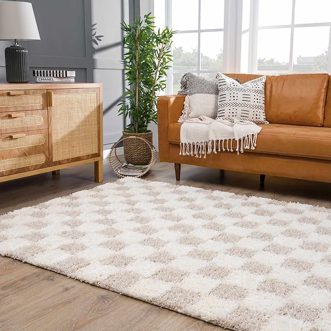 Hauteloom Atira Contemporary Checkered Fluffy Shag Runner Rug - Modern Geometric Carpet Tiles for Hallway, Kids Room - Plush Pile Carpet Squares - Cream,Light Beige - 2'7" x 10'
