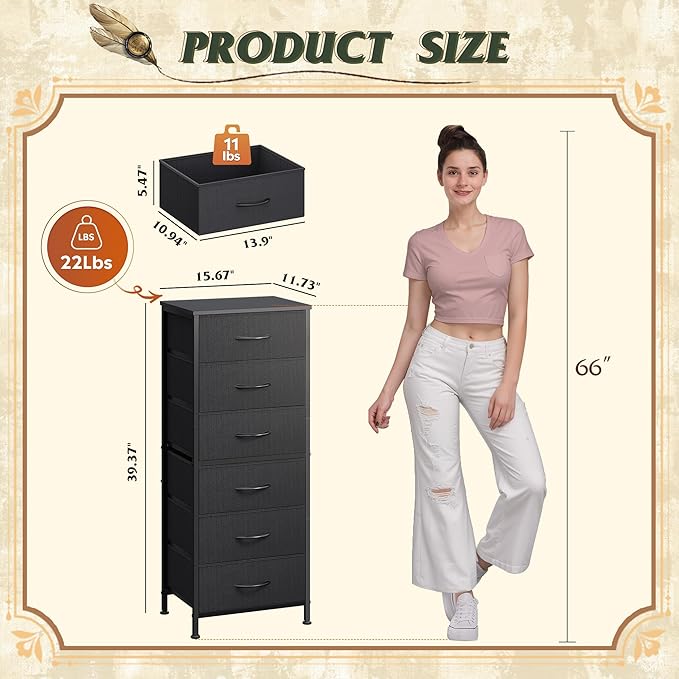 WLIVE Black Tall Dresser for Bedroom, 6 Drawer Dressers & Chests of Drawers, Fabric Dresser for Closet, Living Room, Night Stand with Metal Frame, Storage Tower with Fabric Bins, Wood Top