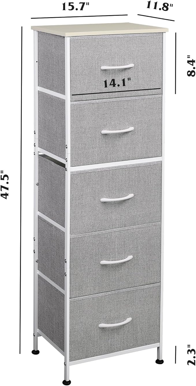 WLIVE Fabric Dresser, 5-Drawer Tall Dresser for Bedroom, Storage Dresser Organizer with Fabric Bins, Wood Top, Sturdy Steel Frame, Chest of Drawers for Closet, Hallway, Light Grey