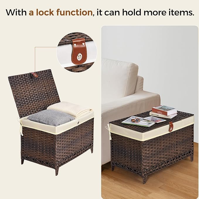 Wicker Storage Basket with Lid,Rattan Shelf Basket with Removable Liner Bag,105L Storage Bin,Storage Trunk with Heightened Feet,Storage Container for Wardrobe,Home Organizer