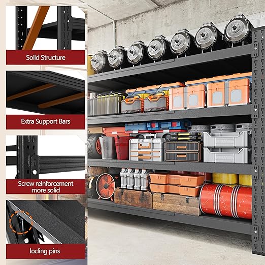 8000LBS Storage Shelves, 68" W Garage Shelving Heavy Duty Metal Adjustable Garage Shelves, Shelving Units Industrial Shelving for Warehouse, 68" W x 24" D x 63.4" H, Black