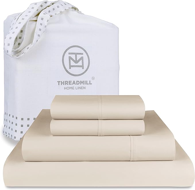 Threadmill 100% Cotton Sheets for Full Size Bed - 600 Thread Count Full Bed Sheets Set with 16” Deep Pocket - Sateen Weave 4-Piece Bedding Set with Cooling Effect, Beige