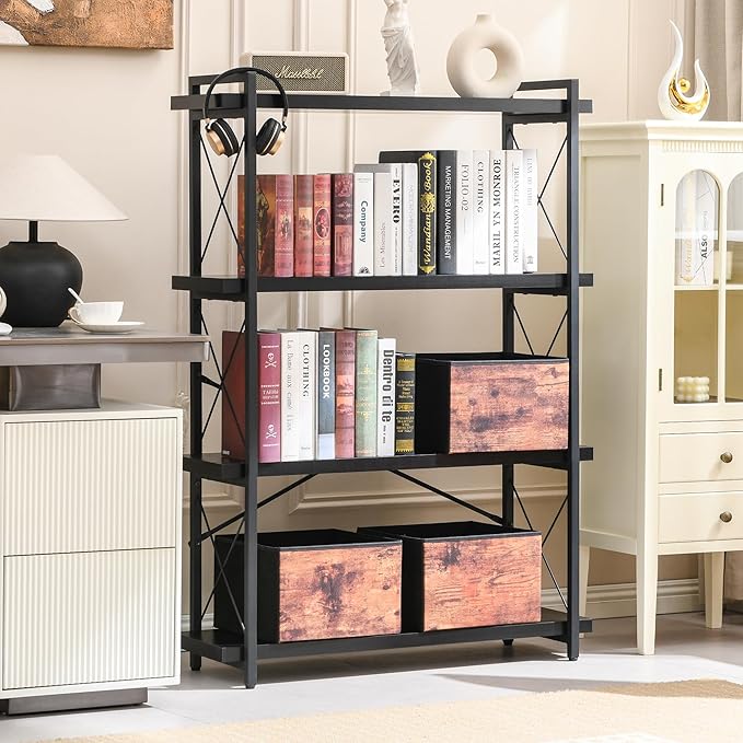 HCHQHS Bookshelf, 4-Tier Industrial Bookcase, Black Open Book Shelf, Freestanding Tall Bookshelves with Metal Frame