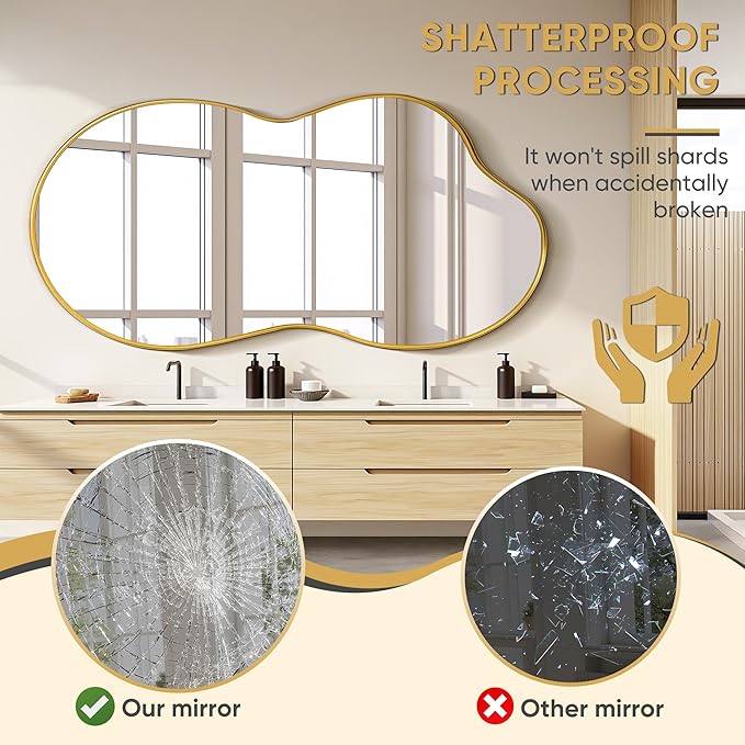 Suidia Irregular Wall Mirror, 55"x28" Bathroom Mirror Asymmetrical Mirrors Artistic Mirrors Decorative for Living Room Bedroom Bathroom Hallway Entryway, Gold, Cloud Style