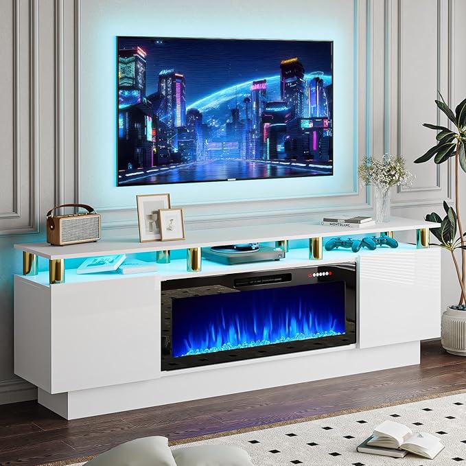 70" Modern Fireplace TV Stand with 36" Electric Fireplace for TVs Up to 80 inch, Luxury LED Light Entertainment Center with High Gloss Cabinet, TV Consoles for Living Room, White + Gold Posts