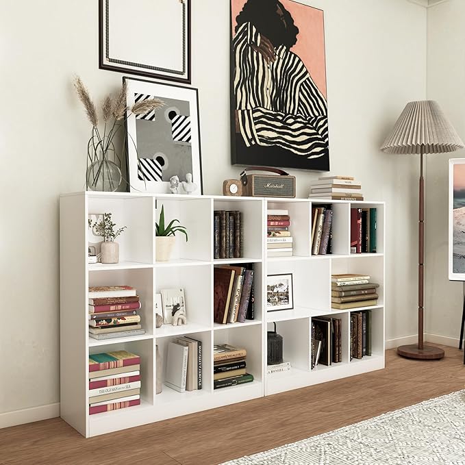 9-Cube Wooden Bookshelf with Base,3-Tier Freestanding Open Storage Organizer,Multi-Functional Bookcase for Living Room,Bedroom,Study and Office (White, 9-Cube)