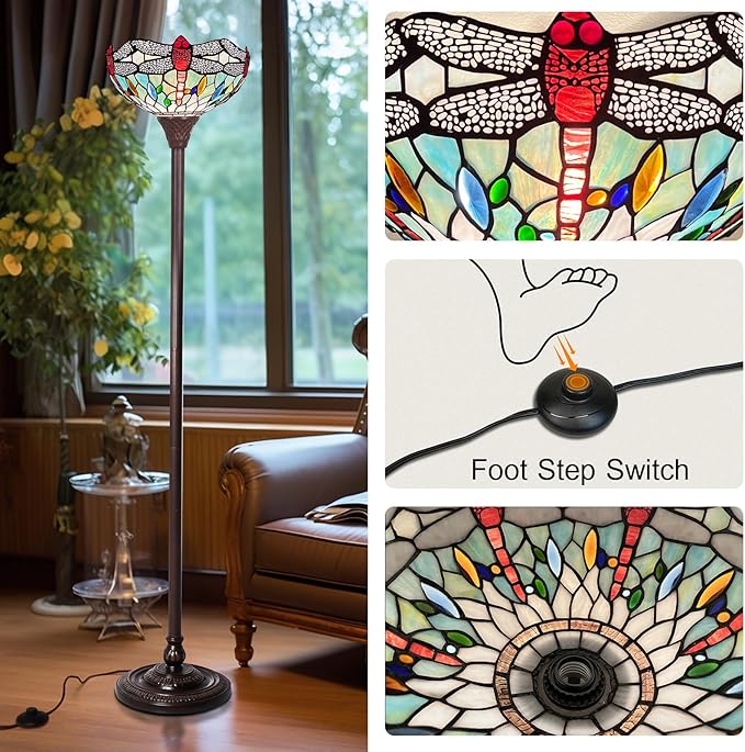 Capulina Tiffany Floor Lamp, Dragonfly Stained Glass Shade, Dark Bronze Pole, Torchiere Standing Light