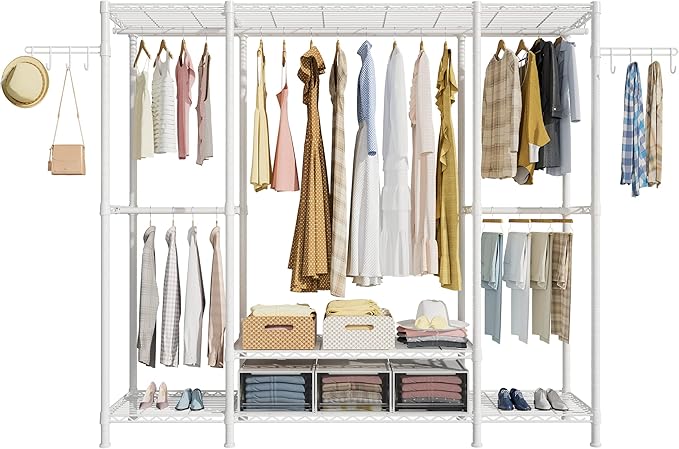 Ulif E3 Heavy Duty Garment Rack, 4 Tiers Freestanding Closet Organizer System with 5 Shelves, Metal Closet Organizer and Storage System for Clothes, Max Load 650lbs, 57.1"W x 14.5"D x 77.3"H, White