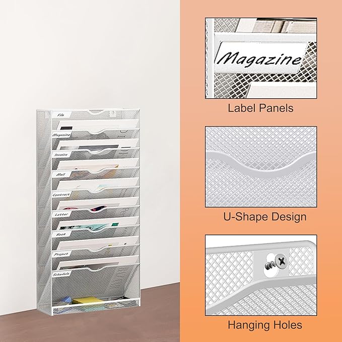 10 Tier Hanging Wall File Holder, Metal A4 Wall Mounted Document Holder, Vertical Hanging Mail Organizer, Magazine Storage Rack with Tray for Office Home Classroom, White