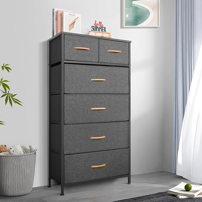 Tall Dresser for Bedroom, Vertical Storage Organizer Tower with 6 Drawers, Chest of Drawers with Fabric Bins, Steel Frame, Wood Top for Bedroom, Closet, Entryway- Grey