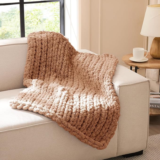L'AGRATY Chunky Knit Blanket Throw - Soft Chunky Throw Blanket 30x40 inches: 100% Hand Kintted Chenile Crochet Throw Blanket for Couch - Large Cable Knit Chunky Blanket for Home Decor(Brown)
