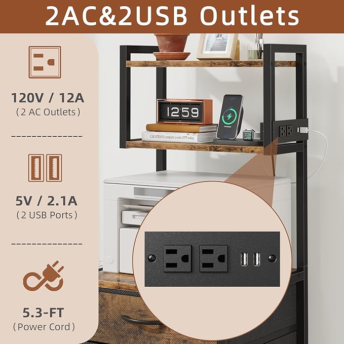 Larger File Cabinet with Charging Station and 3 Fabric Drawer, 3-Tier Tall Filing Cabinet for Home Office with Storage Shelf, Fabric Drawer, Fits A4/Letter Size, 15''W, Rustic Brown