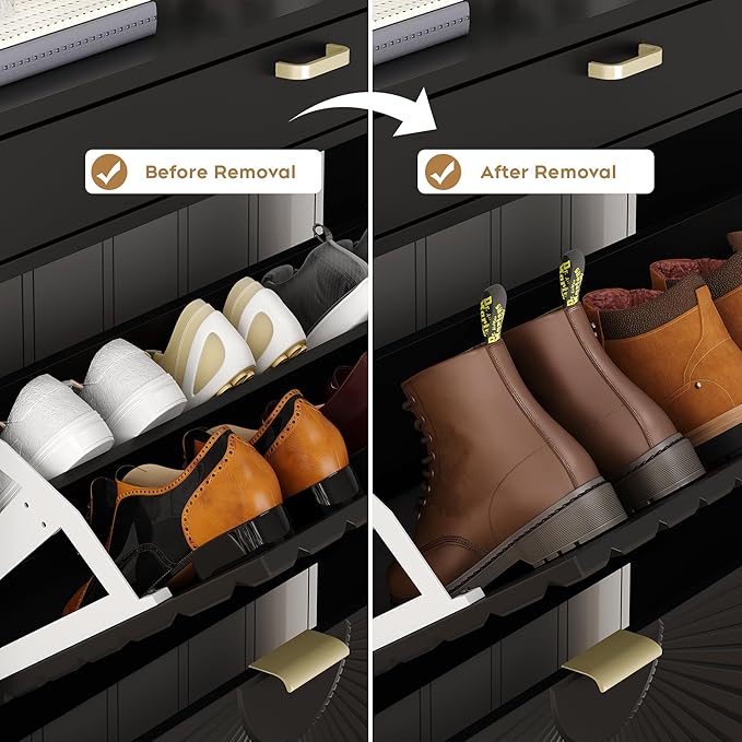 Brafab Shoe Rack Storage Organizer, Shoe Storage Cabinet with 2 Flip Drawers&1 Small Drawer, Slim Entryway Shoe Organizer with Sun Pattern Doors,Dark Black