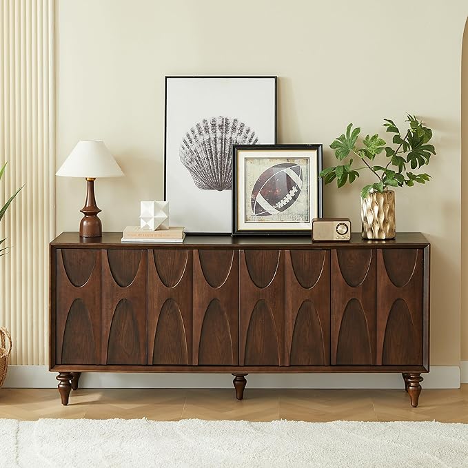 63" TV Stand with Storage, 4 Doors Modern Entertainment Center Sideboard Buffet Cabinet with Adjustable Shelves, TV Media Console Table for Living Room, Walnut