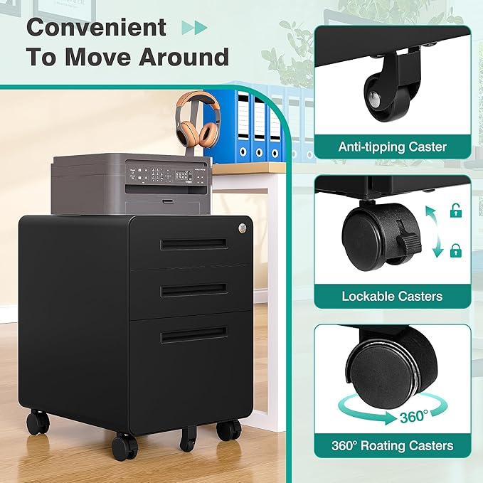 SISESOL 3 Drawer File Cabinet with Lock,Rolling File Cabinets,Under Desk File Cabinet,Three Drawer Filing Cabinet for Home Office with Wheels,Fit A4/Letter/Legal File,Fully Assembled Except Casters