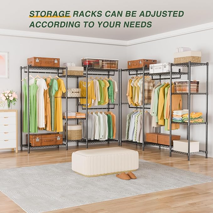 LEHOM G6M Heavy Duty Clothes Rack for Hanging Clothes, Portable Garment Rack Compact Size Closet Organizer, Freestanding Metal Clothing Rack Wardrobe Closet with Storage Shelves for Bedroom(Medium)