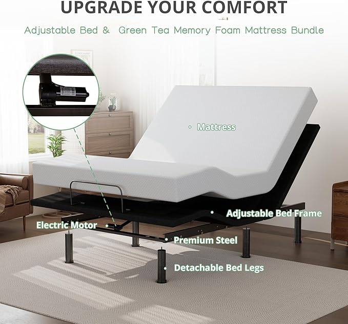 Twin XL Adjustable Bed Base Frame and 10 inch Green Tea Memory Foam Mattress, Electric Bed Base w/Wireless Remote, Zero Gravity Bed, Head and Foot Incline, Anti-Snore,Easy Assembly