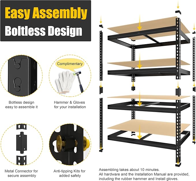 PrimeZone 40" W x 20" D x 59" H Heavy Duty Storage Shelves, 4 Tier Adjustable Garage Shelving Unit, Metal Organizer Shelf Utility Rack for Warehouse Pantry Closet Kitchen, Black