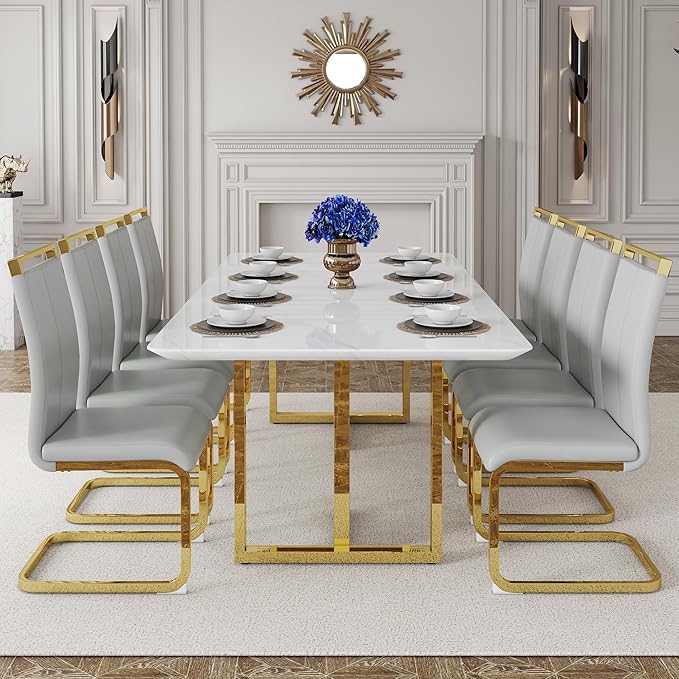 79-inch Modern Dining Table Set for 8 with 1.8 Inch Faux Marble Table Top & 8 PU Leather Chairs, White Luxury Kitchen and Dining Room Furniture Set