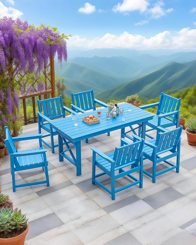 QUASCO 7-Piece Patio Dining Table Sets, Outdoor HDPE Dining Furniture Set Umbrella Hole Cut-Out Table and 6 Chairs for Backyard, Lawn, Deck and Poolside, Blue