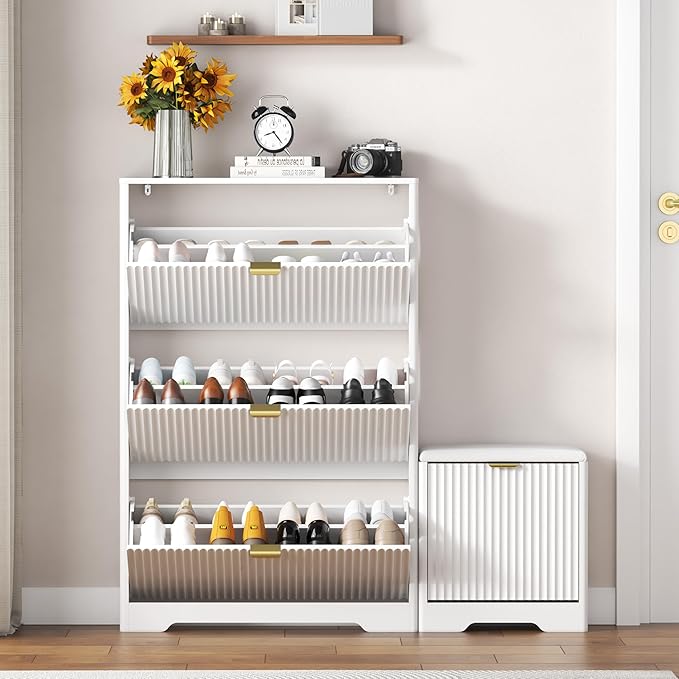 Shoe Cabinet Storage for Entryway with 4 Flip Drawers, White Fluted Shoe Cabinet with Bench, Wooden Hidden Shoe Rack Freestanding Narrow Slim Shoes Storage Organizer for Hallway, Entrance