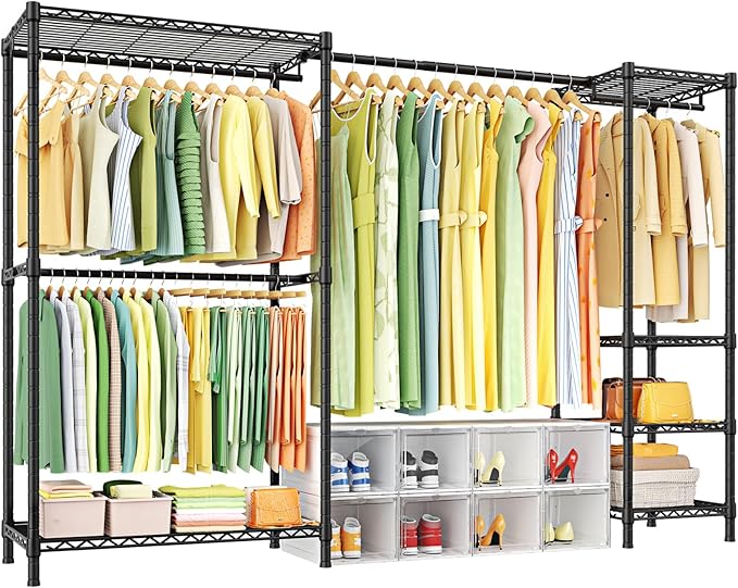 Ulif E10 Clothes Rack（With Stretchable Hanger Rod）Freestanding Clothing Racks for Hanging Clothes，Adjustable Closet Organizer System，Portable Garment Rack 73-97"W x 15" D x 72" H，Max Load 800LBS，Black