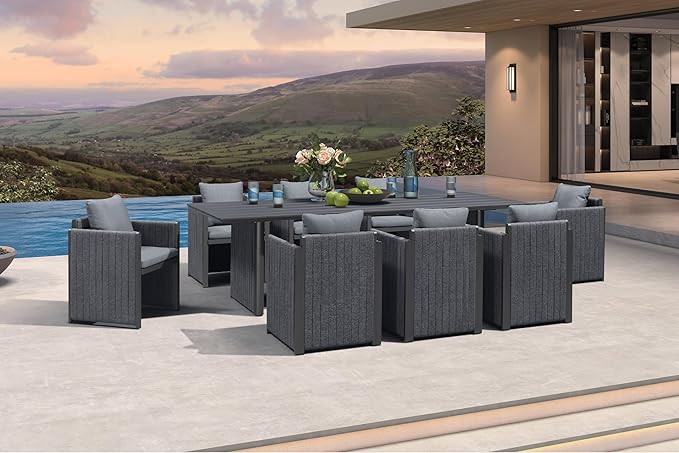PURPLE LEAF 9 Pieces Outdoor Patio Dining Set Modern Large Weather-Resistant Table and Aluminum Chairs with Olefin Fabric Cushions for Family Dinners Indoor Decor Kitchen Grey