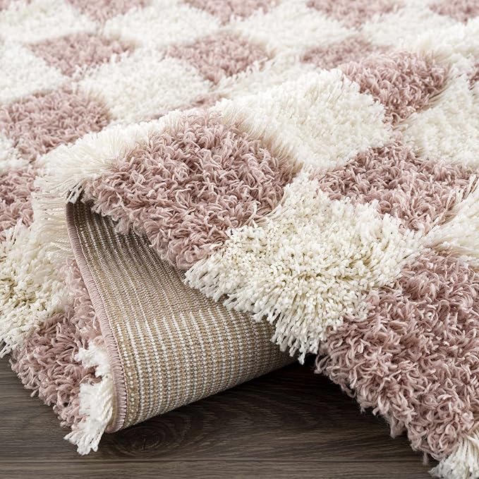 Hauteloom Atira Contemporary Checkered Fluffy Shag Runner Rug - Modern Geometric Carpet Tiles for Hallway, Kids Room - Plush Pile Carpet Squares - Cream, Pink- 2'7" x 10'