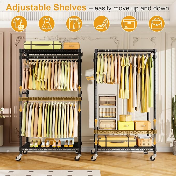 P4 Rolling Clothes Rack Heavy Duty, Clothing Racks for Hanging Clothes, Freestanding Garment Racks with Wheels, Metal Portable Closet Rack 35.5''W × 20.5''D × 80.5''H, Max Load 560Lbs, Black