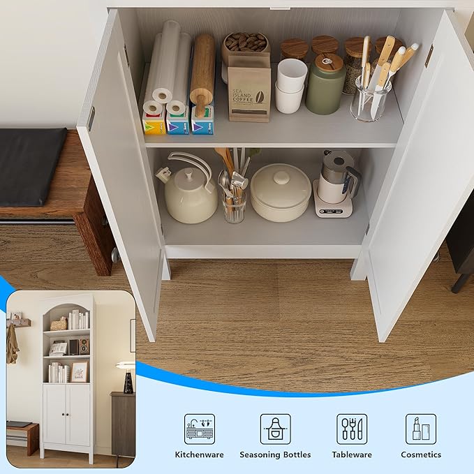 71" H Tall Bookshelf with Doors, Farmhouse Book Shelf with 3-Tier Open Shelves, Wooden Bookcase with Storage Cabinet, Freestanding Display Bookshelves for Bedroom, Living Room, White