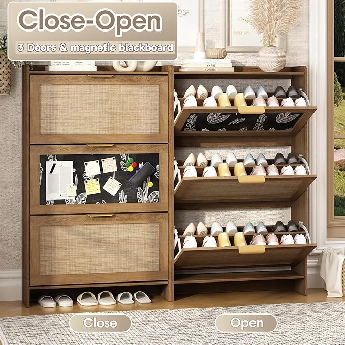 Rattan Shoe Storage Cabinet with 3 Flip Drawers & Chalkboard, Freestanding Organizer for Front Door Entrance, Hidden Narrow Shoe Rack Cabinet Storage for Entryway, Rustic Oak Rattan