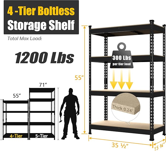 PrimeZone 4 Tier 36" W x 16" D x 55" H Storage Shelves - 3 Pack Adjustable Garage Storage Shelving, Heavy Duty Metal Storage Utility Rack Shelf Unit for Warehouse Pantry Closet Kitchen, Black