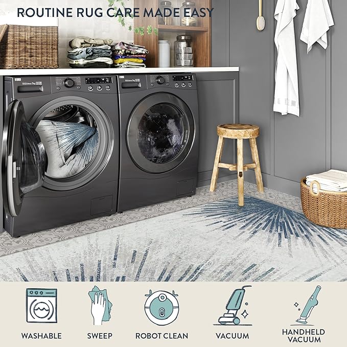 Lahome Modern 8x10 Rugs for Living Room - Washable Ultra-Thin Large Area Rug Throw Non-Slip Stain Resistant Rug for Dining Room Table, Abstract Print Carpet Rug for Bedroom Office (Blue/Gray, 8'x10')