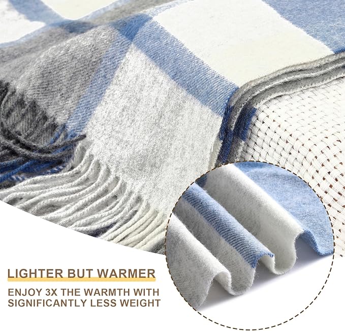 Blue Plaid Throw Blanket for Couch,100% Wool Throw Blanket for Home Decor, Soft Lightweight Cozy All Season Decorative Vintage Blankets for Travel,Bed, Sofa, Chair, Outdoor 55"x83"/1.5LBS