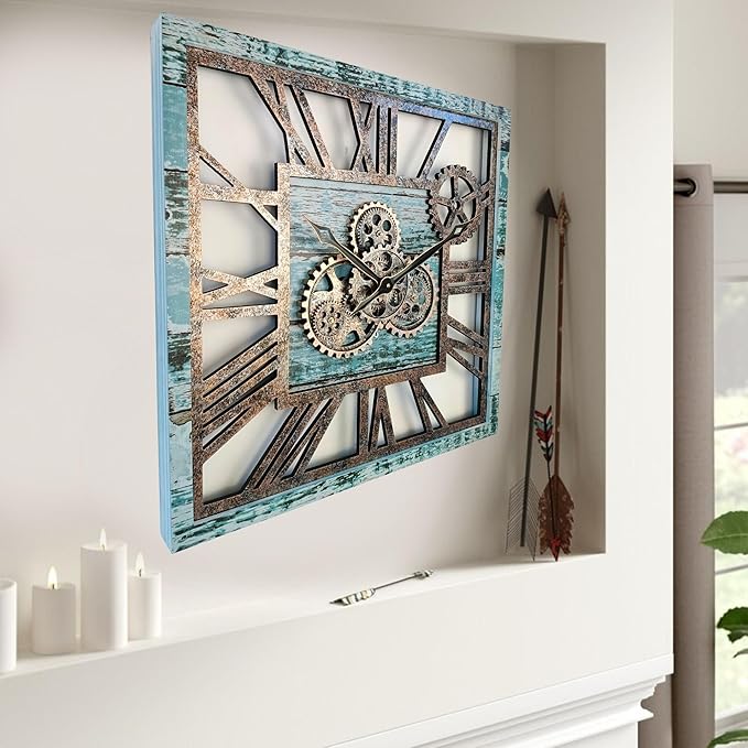 The Gears Clock 24'' Inch Square Real Moving Gear Wall Clock Vintage Industrial Oversized Rustic Farmhouse (Aqua Green)