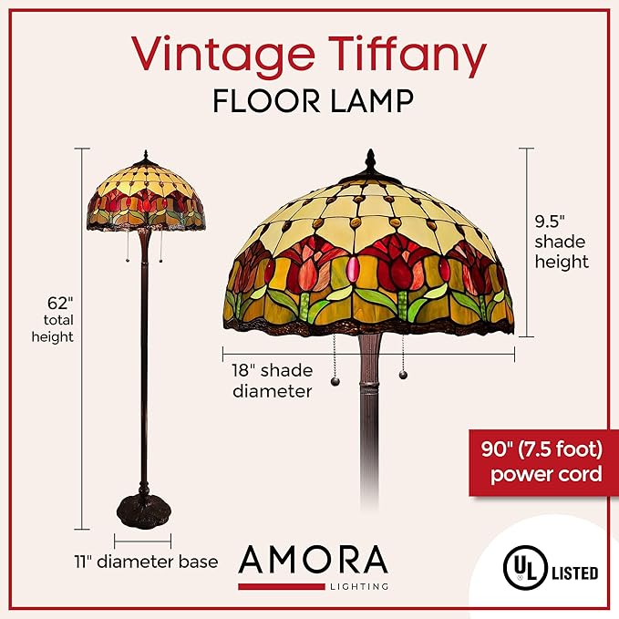 Amora Tiffany Style Standing Floor Lamp 62" Tall Stained Glass Brown Red Green Flower Tulip Antique Vintage Light Decor Bedroom Living Room Reading Gift AM002FL18B Lighting, Multicolor