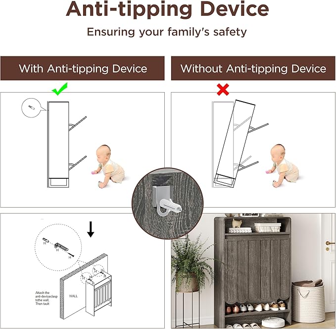 Vabches Shoe Storage Cabinet with Wave Panel Doors, 5-Tier Shoe Cabinet with Adjustable Shelves, 45'' Tall Freestanding Narrow Shoe Organizer for Entryway, Front Door, Hallway, Wood Legs, Gray