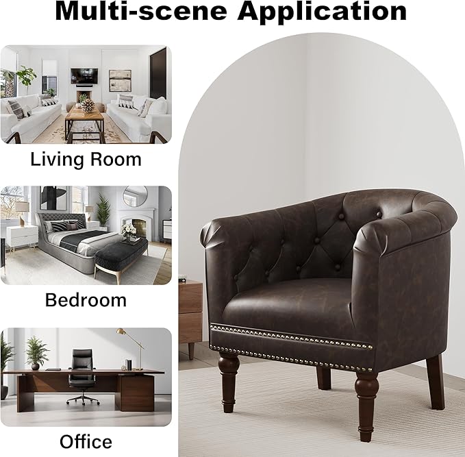 Accent Chair, Upholstered Faux Leather Barrel Chair with Nailed Trim, Comfy Club Armchair for Reading Living Room Bedroom Waiting Room (Chocolate, Set of 4)